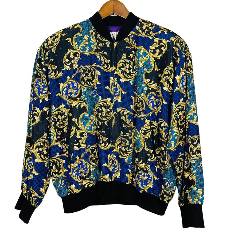 Vintage 80s SLB 100% Silk Bomber Jacket Full Zip Jacquard Checker Nanny Art - L